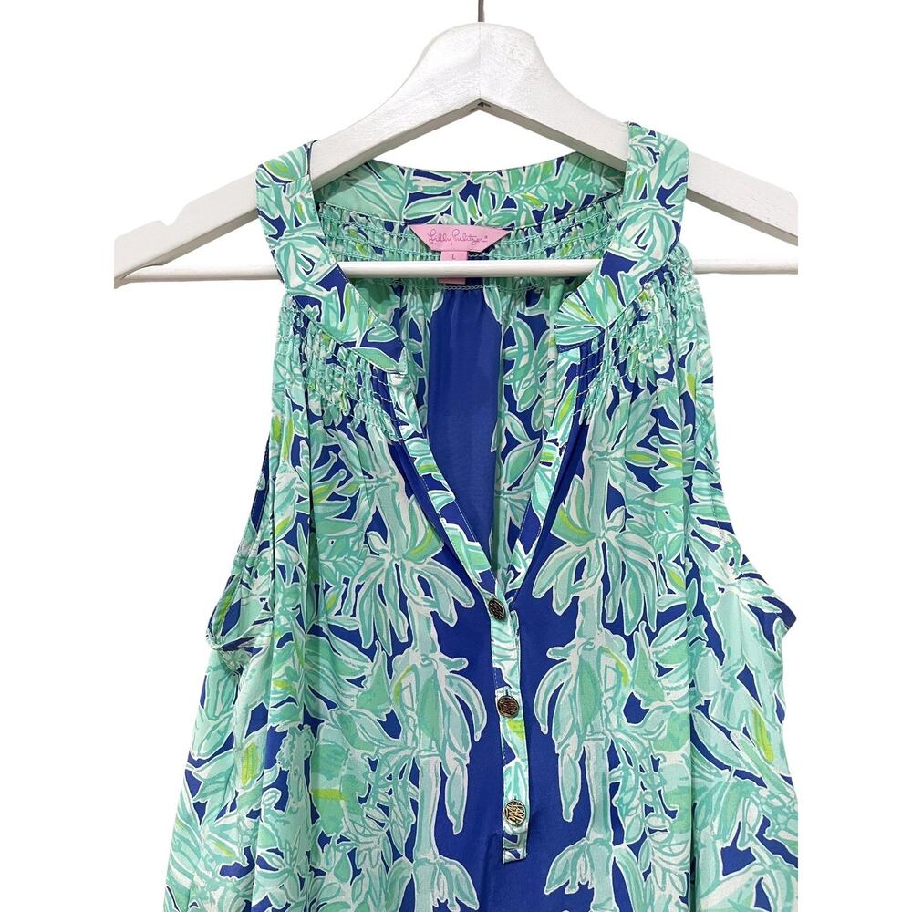 Lilly Pulitzer Top Womens Large Blue Green Silk Halter Tunic Sleeveless Tropical - Picture 5 of 9